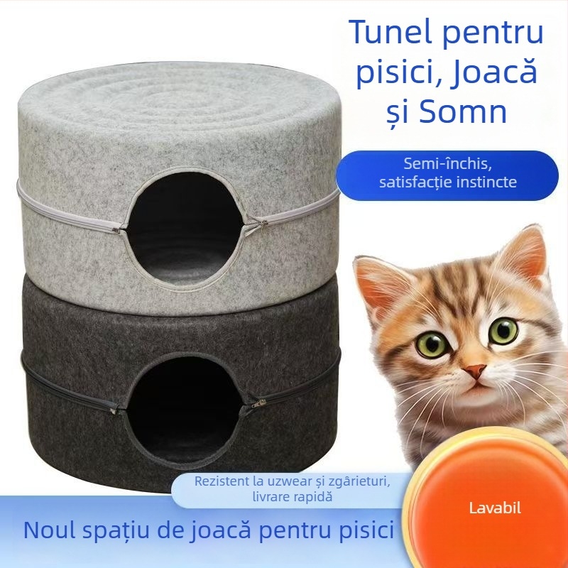 Cuib de pisici cu spațiu interior mare, din filc rezistent la zgârieturi, design circular semiînchis, lavabil, pentru interior toate anotimpurile, călduros