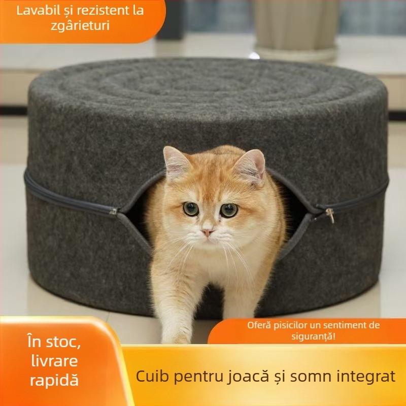 Cuib de pisici cu spațiu interior mare, din filc rezistent la zgârieturi, design circular semiînchis, lavabil, pentru interior toate anotimpurile, călduros