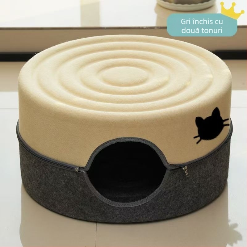 Cuib de pisici cu spațiu interior mare, din filc rezistent la zgârieturi, design circular semiînchis, lavabil, pentru interior toate anotimpurile, călduros