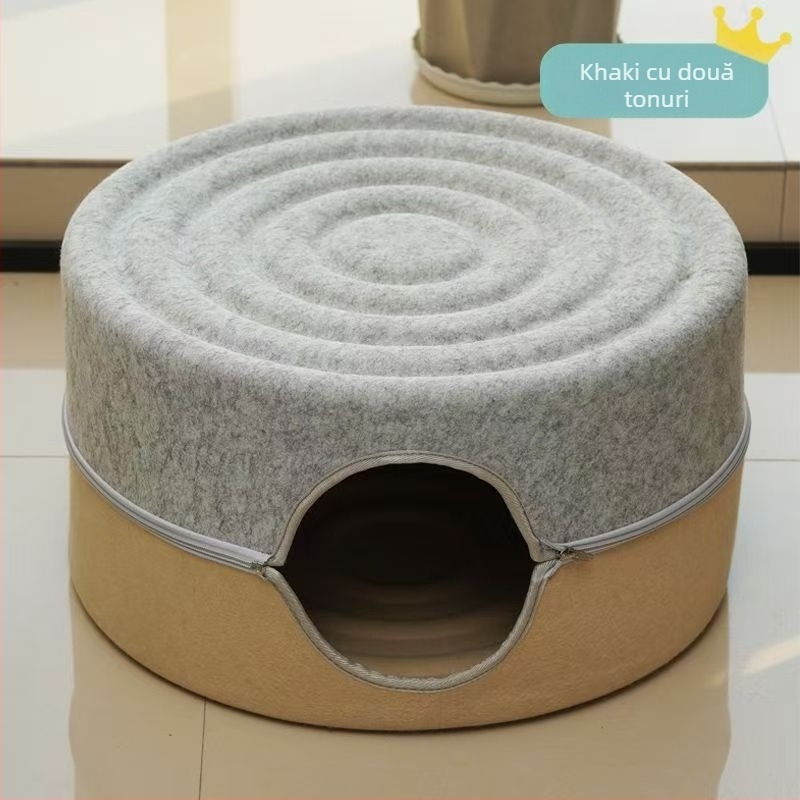 Cuib de pisici cu spațiu interior mare, din filc rezistent la zgârieturi, design circular semiînchis, lavabil, pentru interior toate anotimpurile, călduros