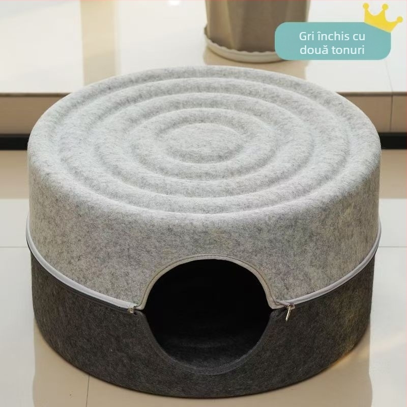 Cuib de pisici cu spațiu interior mare, din filc rezistent la zgârieturi, design circular semiînchis, lavabil, pentru interior toate anotimpurile, călduros