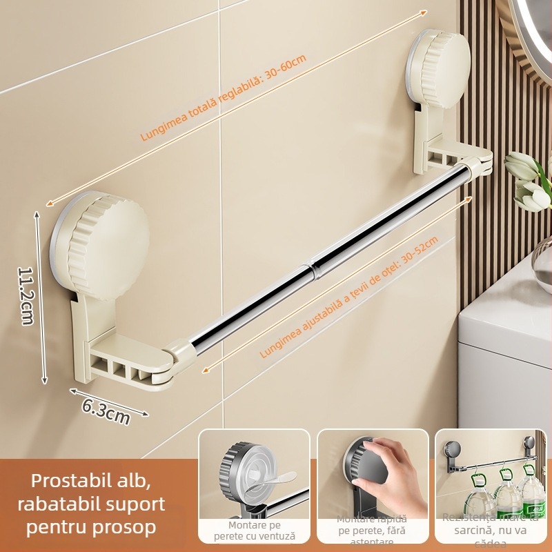 Cuier de prosoape cu ventuză pentru baie, telescopic, montaj fără găuri, materiale: plastic și oțel inoxidabil (Rupai)