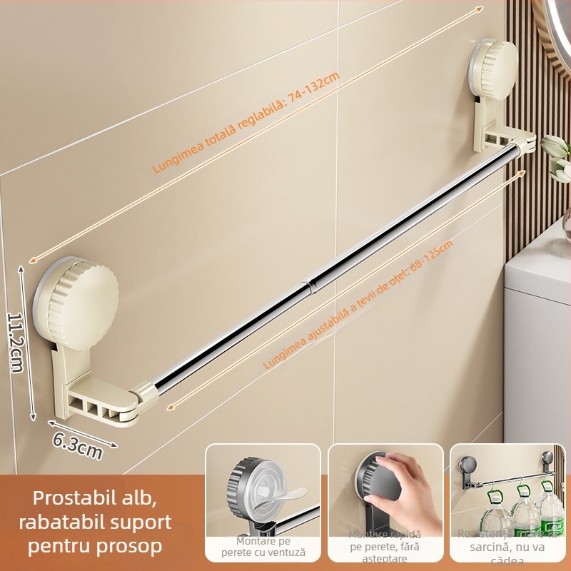 Cuier de prosoape cu ventuză pentru baie, telescopic, montaj fără găuri, materiale: plastic și oțel inoxidabil (Rupai)