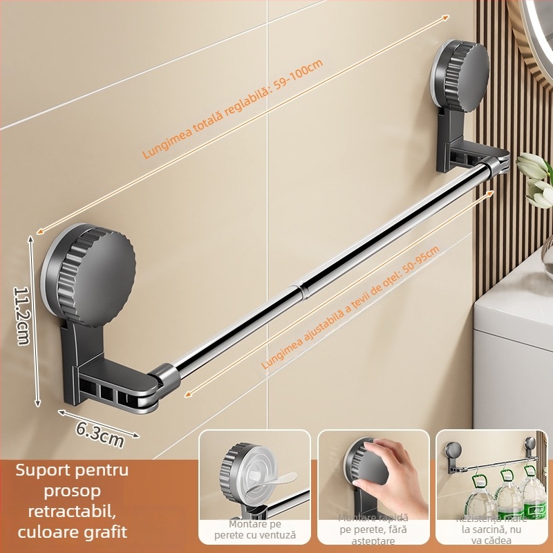 Cuier de prosoape cu ventuză pentru baie, telescopic, montaj fără găuri, materiale: plastic și oțel inoxidabil (Rupai)