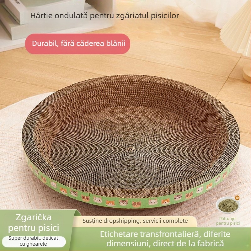 PTS Lada de zgârieturi pentru pisici cu cuib integrat — din carton ondulat, formă rotundă/ovală