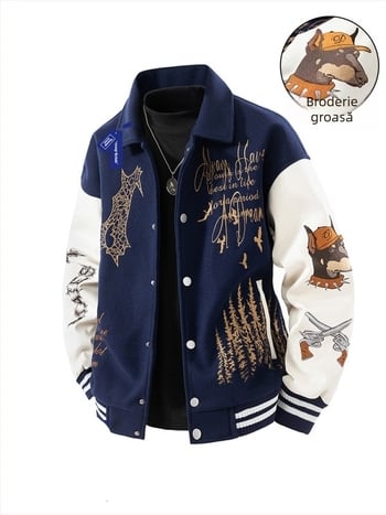 Geacă baseball cu broderie densă, guler înalt, fermoar, material exterior 100% poliester, căptușeală poliester