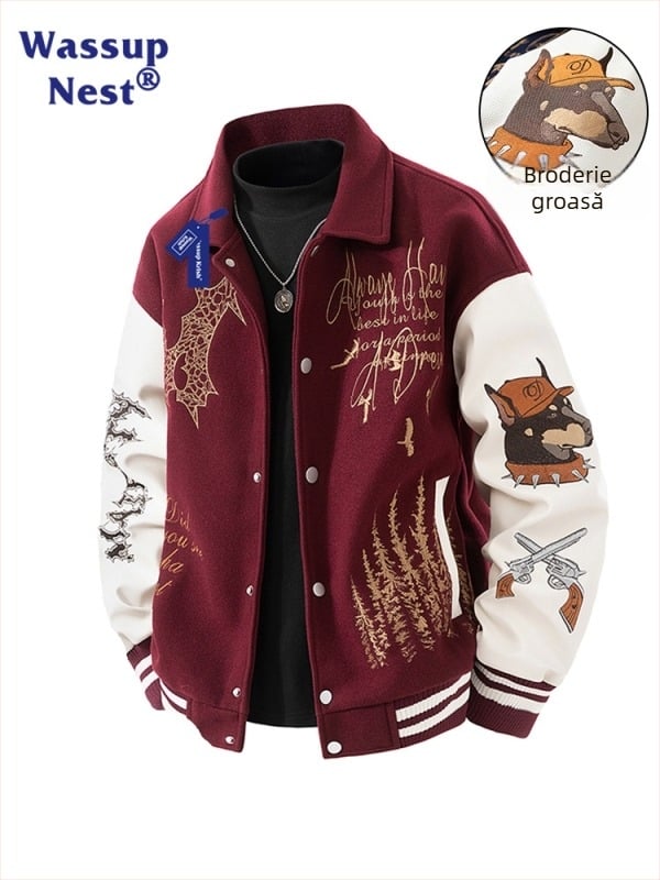 Geacă baseball cu broderie densă, guler înalt, fermoar, material exterior 100% poliester, căptușeală poliester