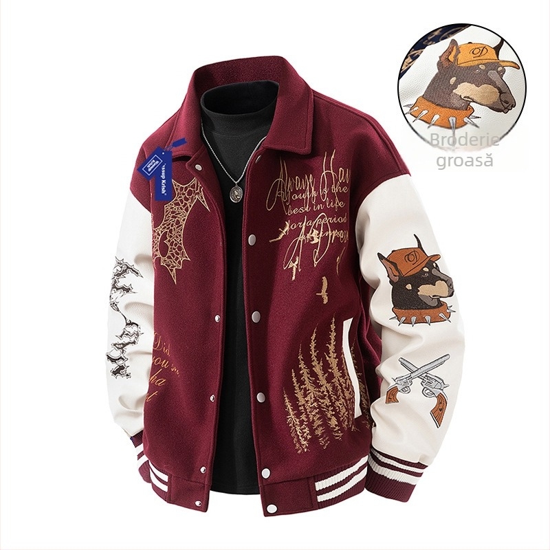 Geacă baseball cu broderie densă, guler înalt, fermoar, material exterior 100% poliester, căptușeală poliester