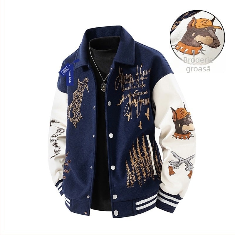 Geacă baseball cu broderie densă, guler înalt, fermoar, material exterior 100% poliester, căptușeală poliester