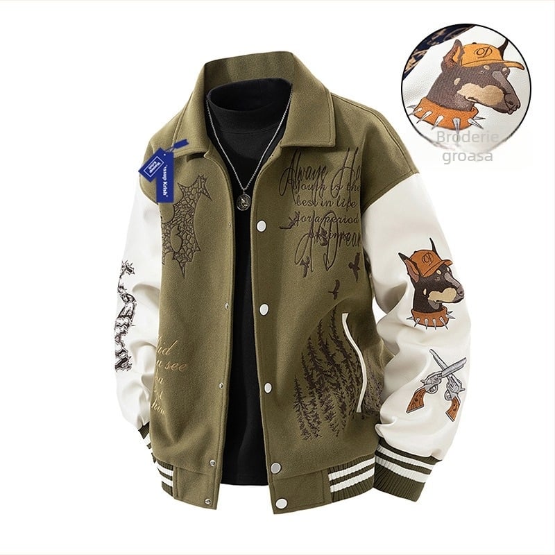 Geacă baseball cu broderie densă, guler înalt, fermoar, material exterior 100% poliester, căptușeală poliester