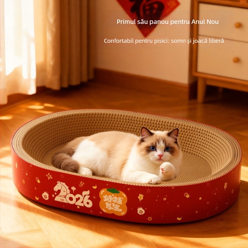 Cuib pentru pisici și placă de zgâriere într-un singur obiect – durabil, fără scurgeri de fibre, patru sezoane, material: hârtie ondulată