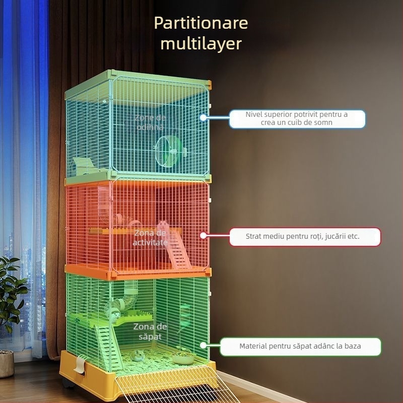 Cușcă pentru hamster, metalică, cu două etaje, spațioasă, sigură pentru mușcături