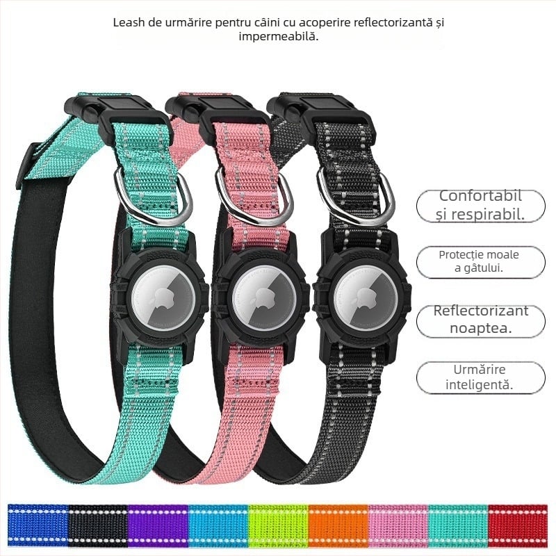 Guler pentru câine AirTag, model monocrom, material nylon și silicon, compatibilitate universală, stil casual pentru toate anotimpurile