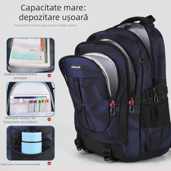 Rucsac pentru gimnaziu și liceu din stofă Oxford, impermeabil, protecție a coloanei vertebrale, model camuflaj, bretele curbate