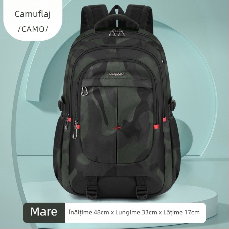 Rucsac pentru gimnaziu și liceu din stofă Oxford, impermeabil, protecție a coloanei vertebrale, model camuflaj, bretele curbate