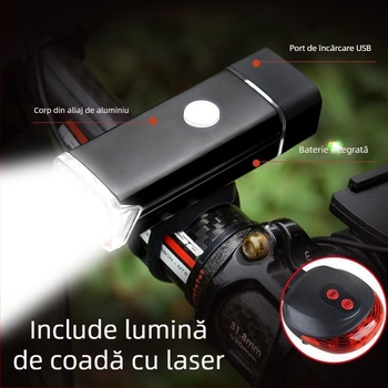 Lumină frontală pentru bicicletă din aliaj de aluminiu, reîncărcabilă, iluminare puternică pentru ciclism de munte noaptea