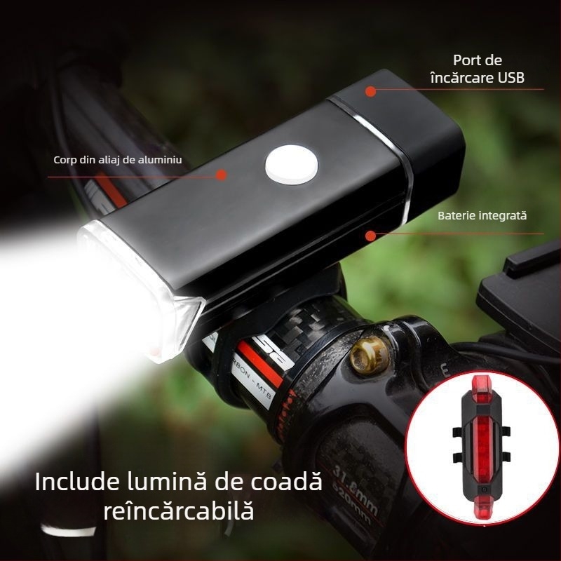 Lumină frontală pentru bicicletă din aliaj de aluminiu, reîncărcabilă, iluminare puternică pentru ciclism de munte noaptea