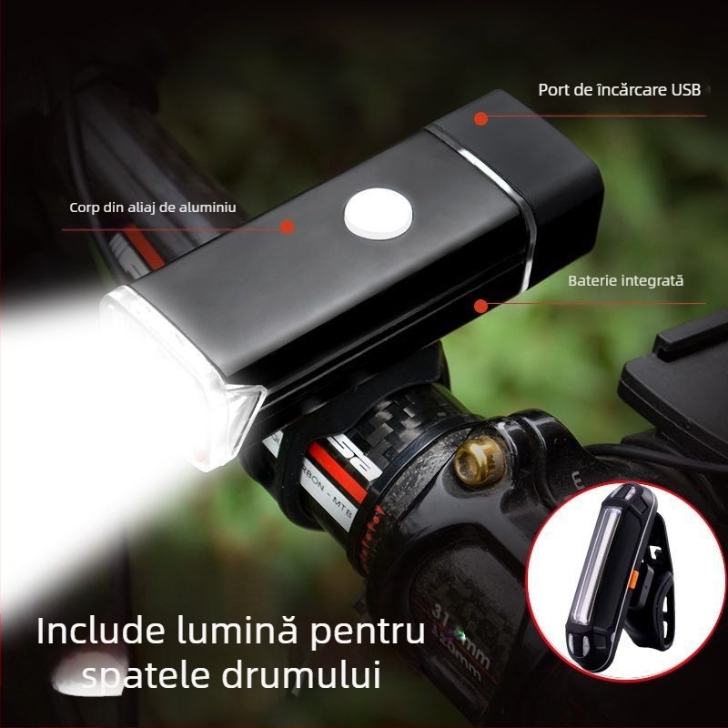 Lumină frontală pentru bicicletă din aliaj de aluminiu, reîncărcabilă, iluminare puternică pentru ciclism de munte noaptea