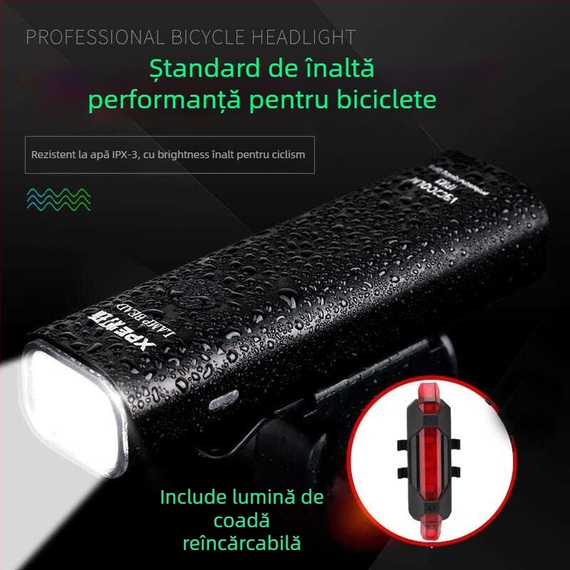 Lumină frontală pentru bicicletă din aliaj de aluminiu, reîncărcabilă, iluminare puternică pentru ciclism de munte noaptea