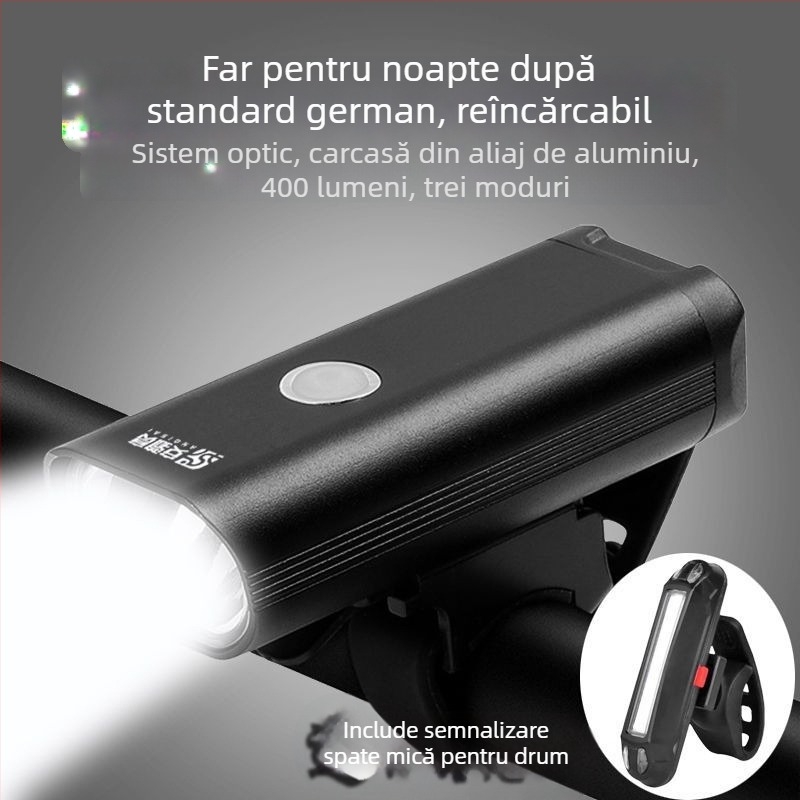 Lumină frontală pentru bicicletă din aliaj de aluminiu, reîncărcabilă, iluminare puternică pentru ciclism de munte noaptea