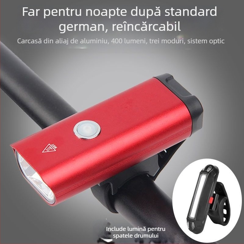 Lumină frontală pentru bicicletă din aliaj de aluminiu, reîncărcabilă, iluminare puternică pentru ciclism de munte noaptea