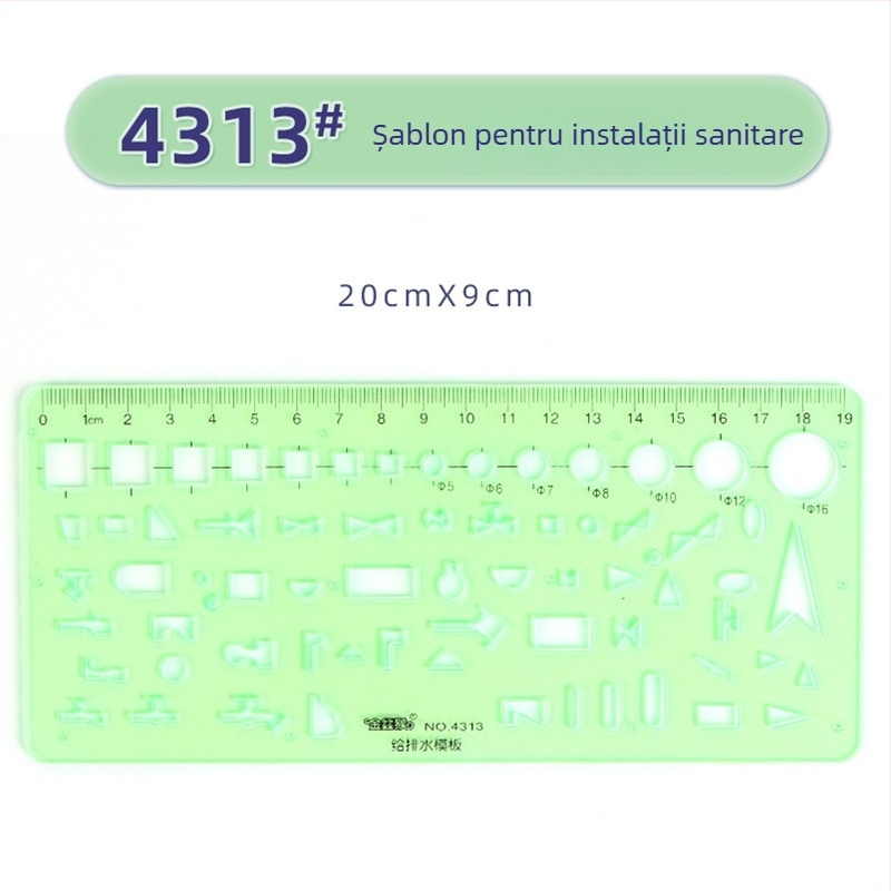 Rigla șablon pentru desen – șabloane de cerc și elipsă, design cu scară dublă, plastic, model 4309