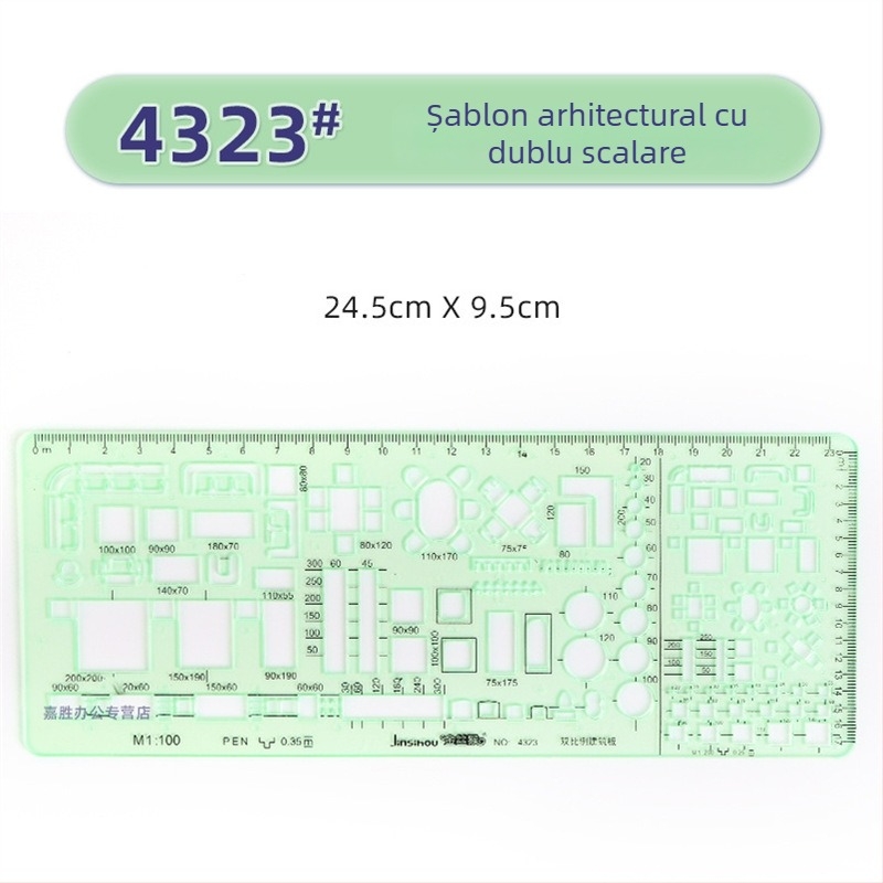 Rigla șablon pentru desen – șabloane de cerc și elipsă, design cu scară dublă, plastic, model 4309