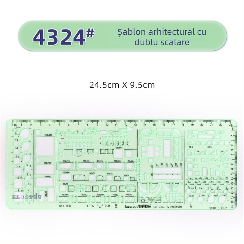 Rigla șablon pentru desen – șabloane de cerc și elipsă, design cu scară dublă, plastic, model 4309