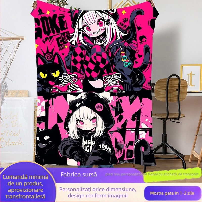 Pătură din flanelă, poliester, 310 g/m², model animație, stil european-american, personalizabilă