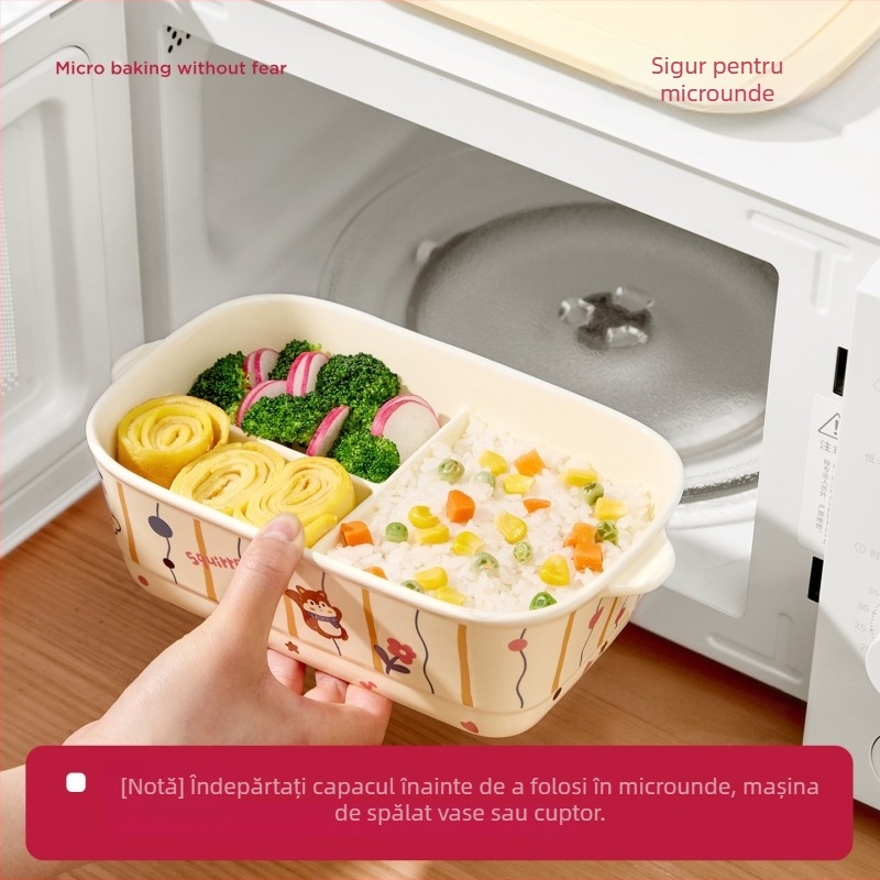 Cutie de prânz din ceramică cu trei compartimente – dreptunghiulară, izolată, compatibilă cu cuptorul cu microunde, capacitate sub 300 ml