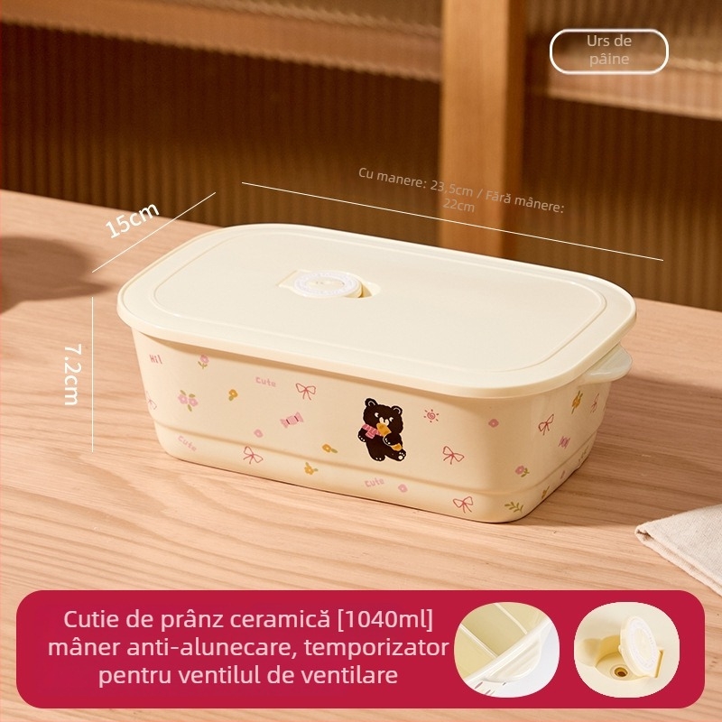Cutie de prânz din ceramică cu trei compartimente – dreptunghiulară, izolată, compatibilă cu cuptorul cu microunde, capacitate sub 300 ml