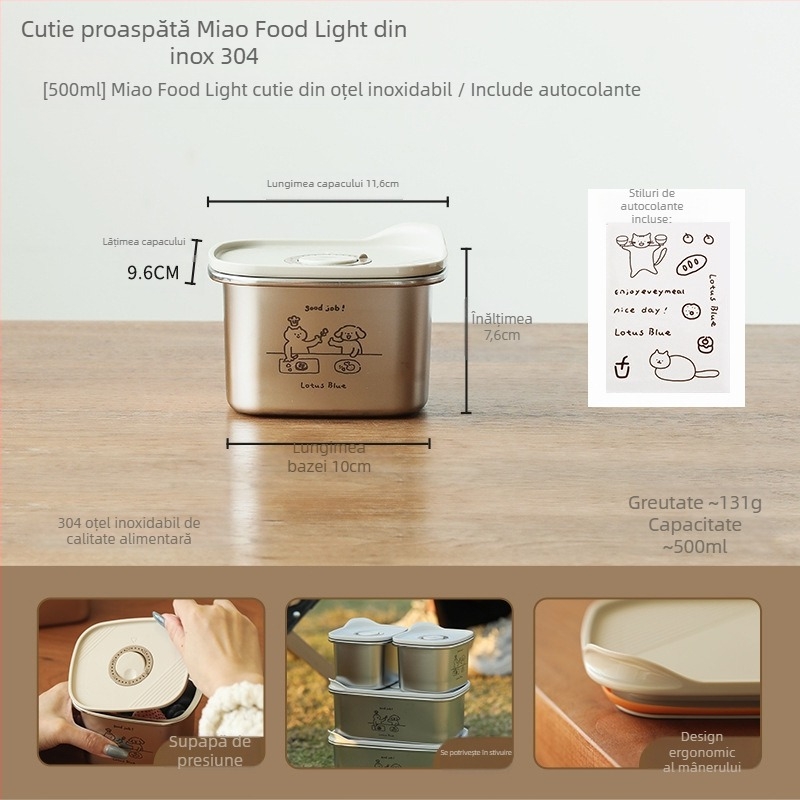 Cutie pentru prânz din oțel inoxidabil cu capac, rotundă, sigilată pentru menținerea prospețimii alimentelor, capacitate 301–500 ml, nu este potrivită pentru cuptor cu microunde