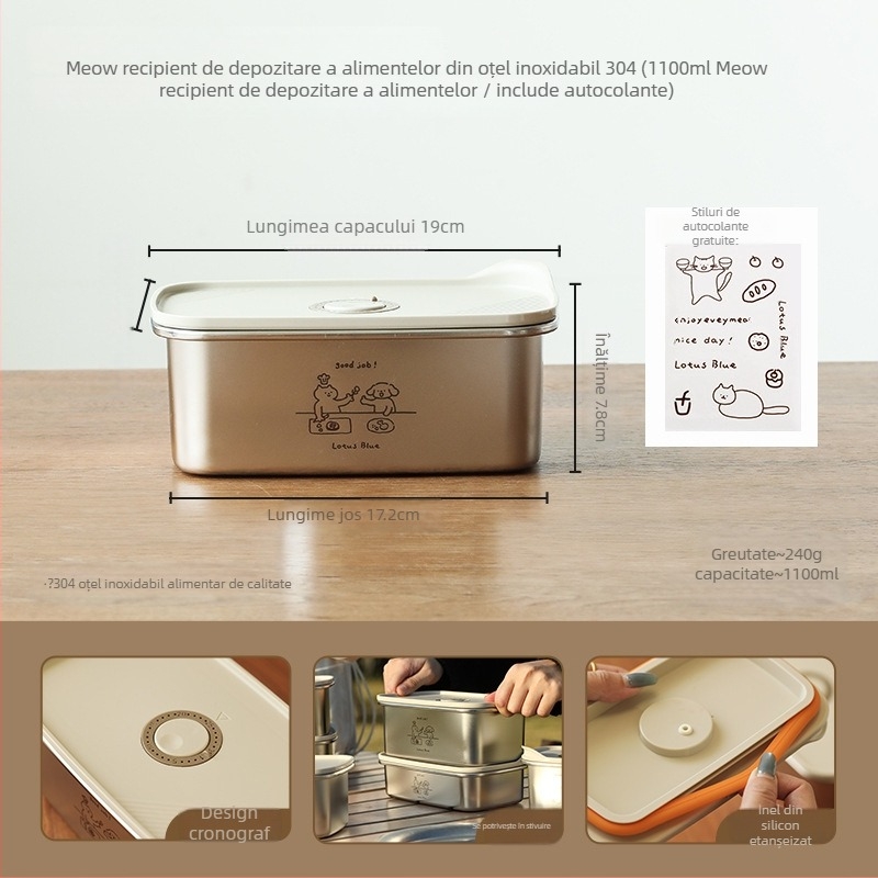 Cutie pentru prânz din oțel inoxidabil cu capac, rotundă, sigilată pentru menținerea prospețimii alimentelor, capacitate 301–500 ml, nu este potrivită pentru cuptor cu microunde