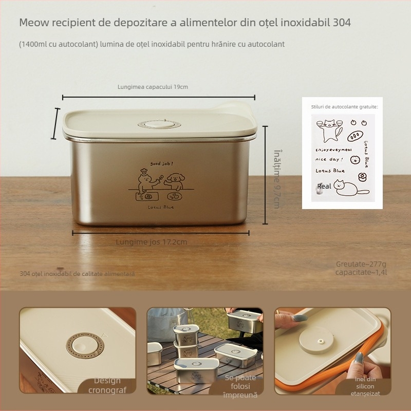 Cutie pentru prânz din oțel inoxidabil cu capac, rotundă, sigilată pentru menținerea prospețimii alimentelor, capacitate 301–500 ml, nu este potrivită pentru cuptor cu microunde