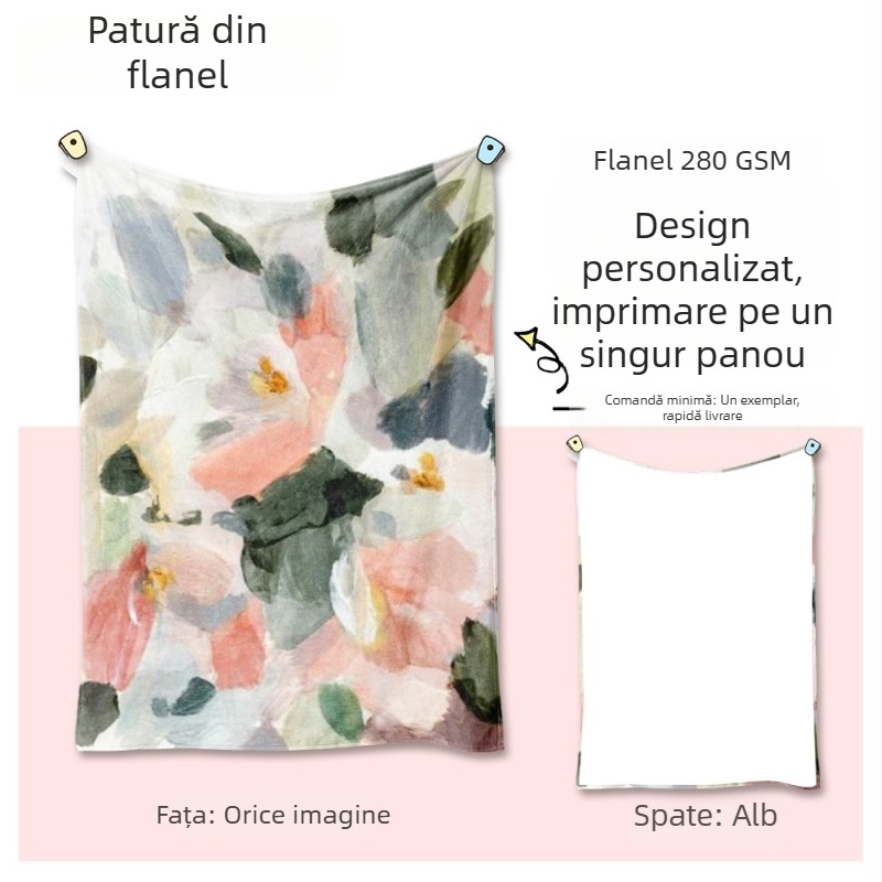 Pătură de flanel, poliester, imprimare digitală a fotografiei, model 3D desen animat, greutate sub 300 g, personalizabilă