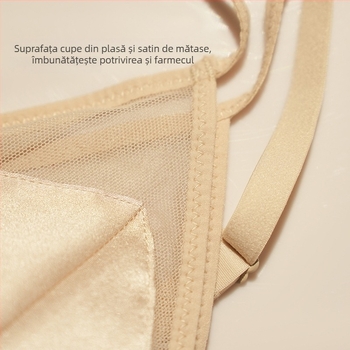 Sutien din mătase cu cupă triunghiulară, fără arc, cupă 3/4 cu model subțire, bretele fixe, închidere la spate cu trei rânduri de capse