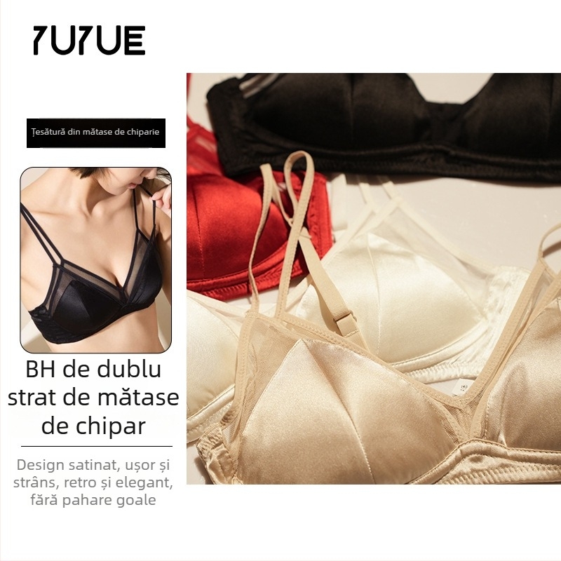 Sutien din mătase cu cupă triunghiulară, fără arc, cupă 3/4 cu model subțire, bretele fixe, închidere la spate cu trei rânduri de capse