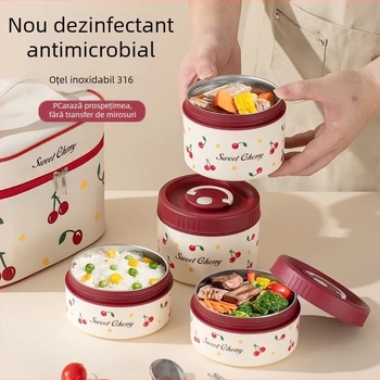 Cutie de prânz din oțel inoxidabil 316, izolată, compatibilă cu microunde, formă rotundă, patru compartimente, portabilă pentru birou, model floral