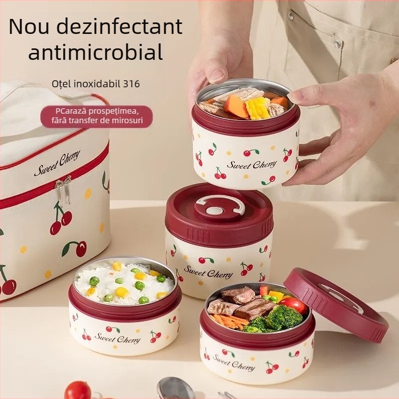 Cutie de prânz din oțel inoxidabil 316, izolată, compatibilă cu microunde, formă rotundă, patru compartimente, portabilă pentru birou, model floral