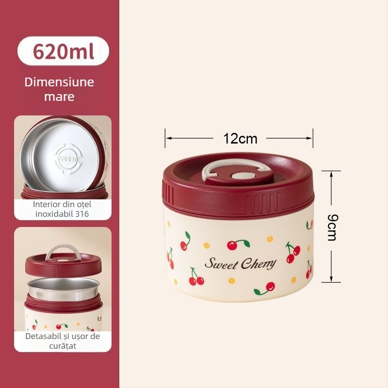 Cutie de prânz din oțel inoxidabil 316, izolată, compatibilă cu microunde, formă rotundă, patru compartimente, portabilă pentru birou, model floral
