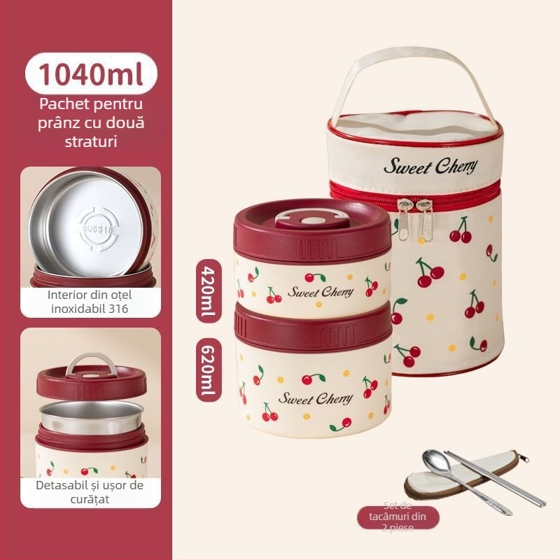 Cutie de prânz din oțel inoxidabil 316, izolată, compatibilă cu microunde, formă rotundă, patru compartimente, portabilă pentru birou, model floral