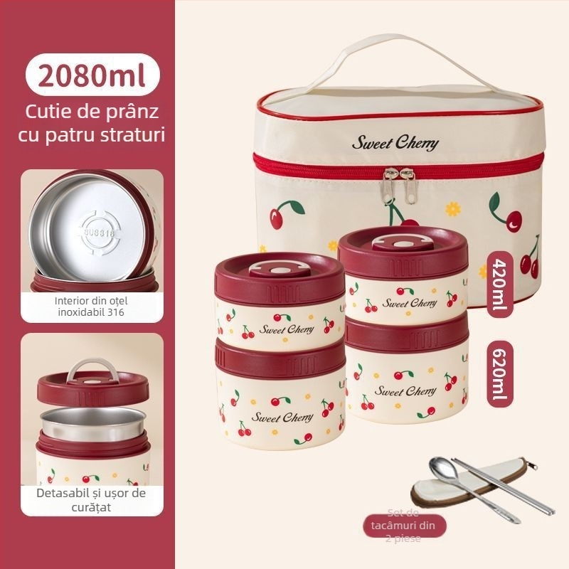 Cutie de prânz din oțel inoxidabil 316, izolată, compatibilă cu microunde, formă rotundă, patru compartimente, portabilă pentru birou, model floral