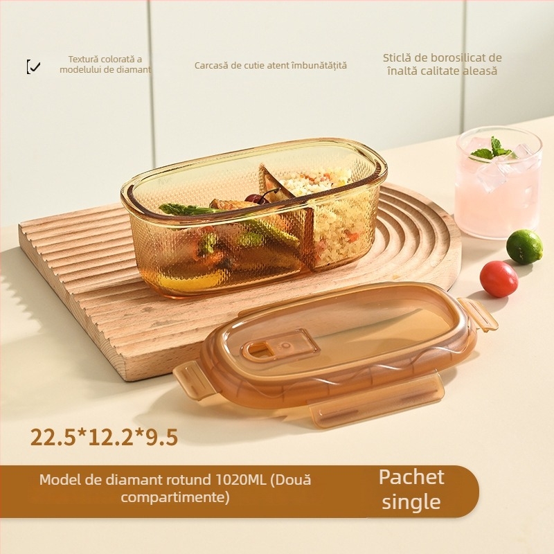 Cutie pentru prânz din sticlă borosilikat, ovală, potrivită pentru microunde, capacitate 1–2 L, etanșă pentru păstrarea prospețimii
