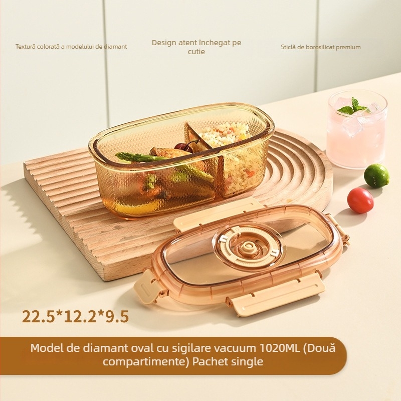 Cutie pentru prânz din sticlă borosilikat, ovală, potrivită pentru microunde, capacitate 1–2 L, etanșă pentru păstrarea prospețimii