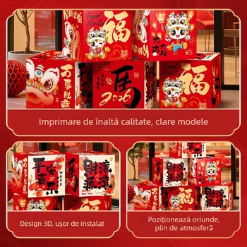Accesorii de decor pentru amenajarea sălii – cutie de decor în stivuire, din hârtie și pânză cu drapel, stil Chinezesc/Modern/Noul An, pentru Festivalul Primăverii și Anul Nou
