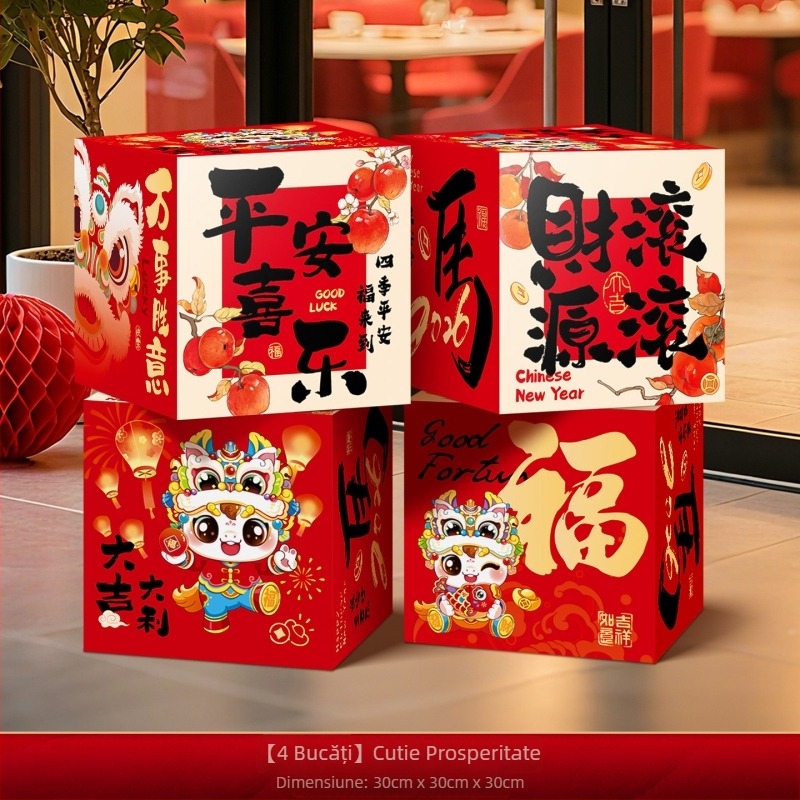 Accesorii de decor pentru amenajarea sălii – cutie de decor în stivuire, din hârtie și pânză cu drapel, stil Chinezesc/Modern/Noul An, pentru Festivalul Primăverii și Anul Nou