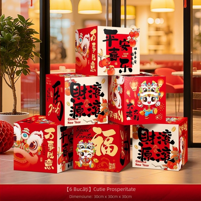 Accesorii de decor pentru amenajarea sălii – cutie de decor în stivuire, din hârtie și pânză cu drapel, stil Chinezesc/Modern/Noul An, pentru Festivalul Primăverii și Anul Nou