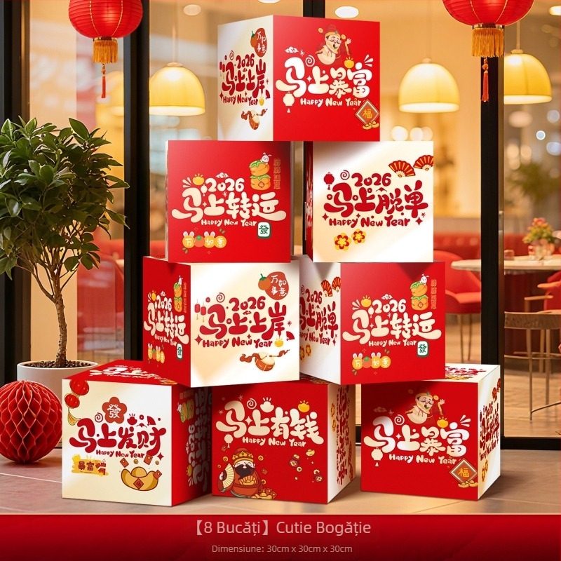 Accesorii de decor pentru amenajarea sălii – cutie de decor în stivuire, din hârtie și pânză cu drapel, stil Chinezesc/Modern/Noul An, pentru Festivalul Primăverii și Anul Nou