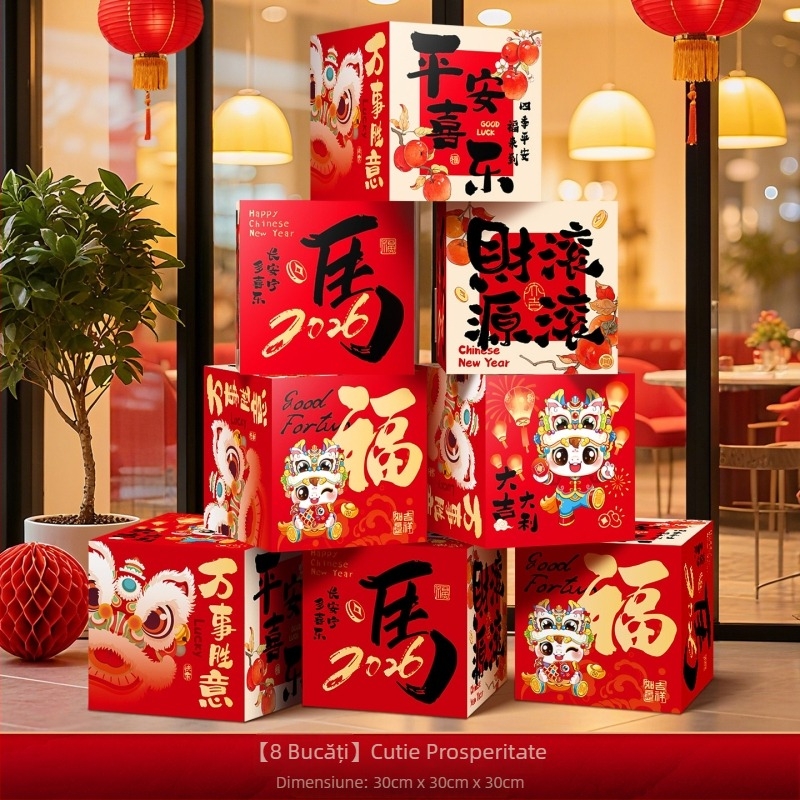 Accesorii de decor pentru amenajarea sălii – cutie de decor în stivuire, din hârtie și pânză cu drapel, stil Chinezesc/Modern/Noul An, pentru Festivalul Primăverii și Anul Nou
