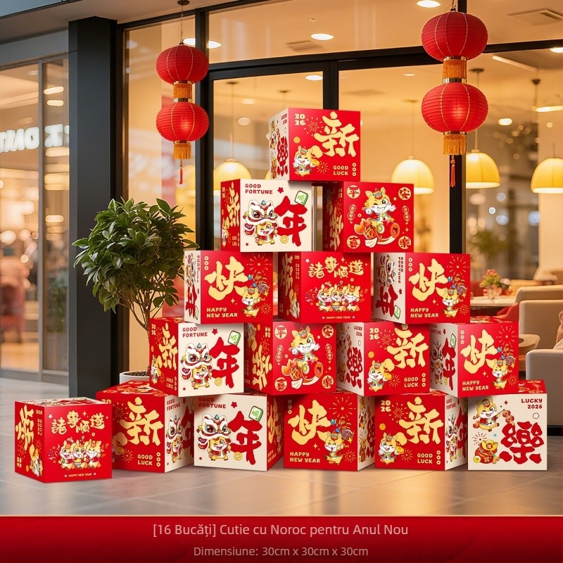 Accesorii de decor pentru amenajarea sălii – cutie de decor în stivuire, din hârtie și pânză cu drapel, stil Chinezesc/Modern/Noul An, pentru Festivalul Primăverii și Anul Nou